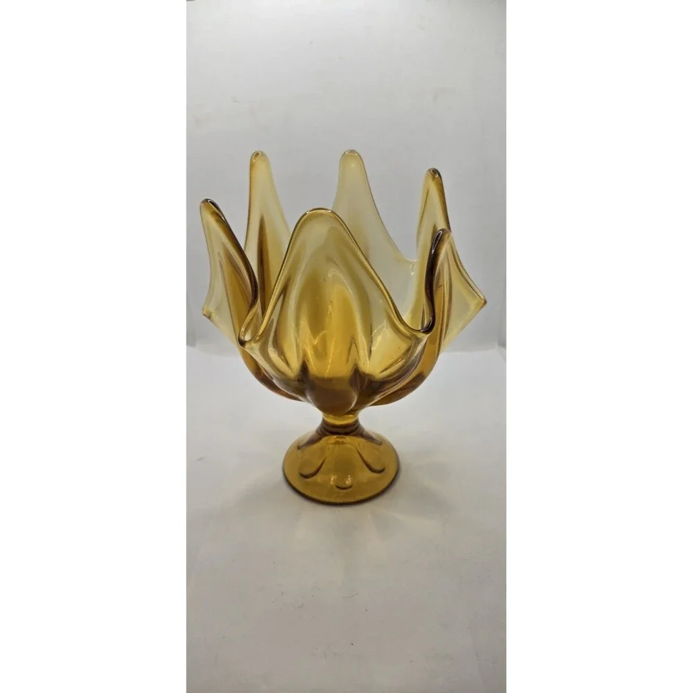 Vintage VIKING Epic Six Petal Amber-Gold Handkerchief Swung Glass Pedestal Vase